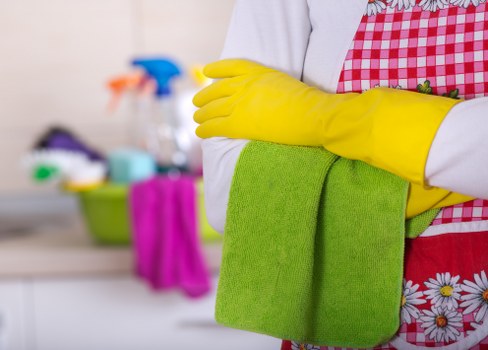 Domestic cleaner working in a Greenwich kitchen during a regular home cleaning visit