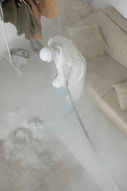 A professional cleaning technician from Carpet Cleaners Greenwich is performing deep surface cleaning in a living room. The room features a beige fabric sofa with matching cushions, a light-colored wo