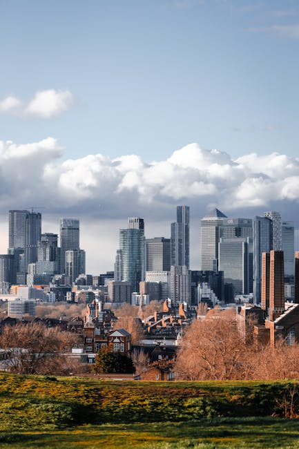 A cityscape of Greenwich SE10 featuring a cluster of modern skyscrapers with glass facades reflecting the sky, contrasted by historic white buildings with classical architecture, domed towers, and copper roofs in the foreground. The scene is captured during late afternoon or early evening with soft natural lighting, and the area is surrounded by leafless trees indicating autumn or winter. The image embodies a blend of urban development and preserved heritage, representative of Greenwich's skyline, aligned with the services provided by Carpet Cleaners Greenwich in the context of surface cleaning and deep cleaning discussions.