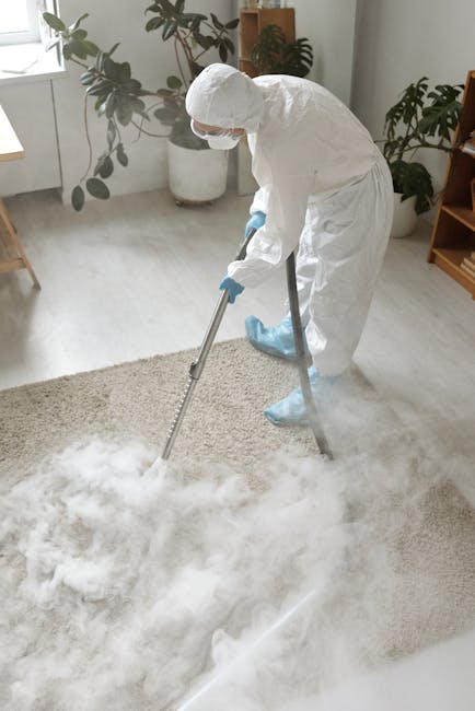 A professional cleaner from Carpet Cleaners Greenwich engaged in deep cleaning a light beige carpet in a bright, modern living room. The cleaner is dressed in full protective gear, including a white coverall suit, face mask, and gloves. They are using a steam cleaning machine with a metal wand to apply hot water and cleaning solution to the carpet, which is visibly being rinsed and extracted. The room features a polished wooden shelf and a white ceramic pot with large leafy plants near a window letting in natural light. The floor surrounding the carpet appears clean and dry, suggesting recent sanitisation and surface cleaning. The scene emphasizes thorough domestic cleaning processes aimed at maintaining hygiene and deep cleanliness, aligned with the service offerings of Carpet Cleaners Greenwich.